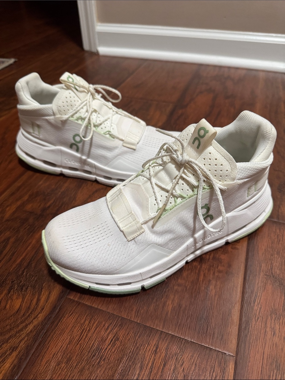On Cloudnova Running Women’s Sneakers in White with Pale Green Accents